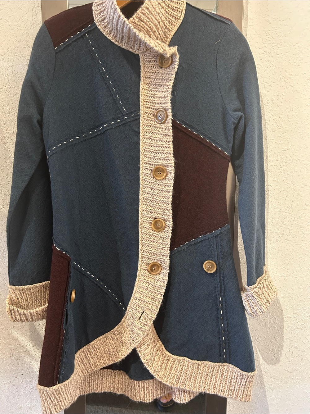 Aratta Knit-Trim Cardigan Sweater Jacket - Blue, Brown & Cream NWOT size Small
